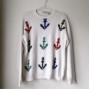 Vintage 90s Essential Elements White Multicolored Anchor Graphic Sweater L